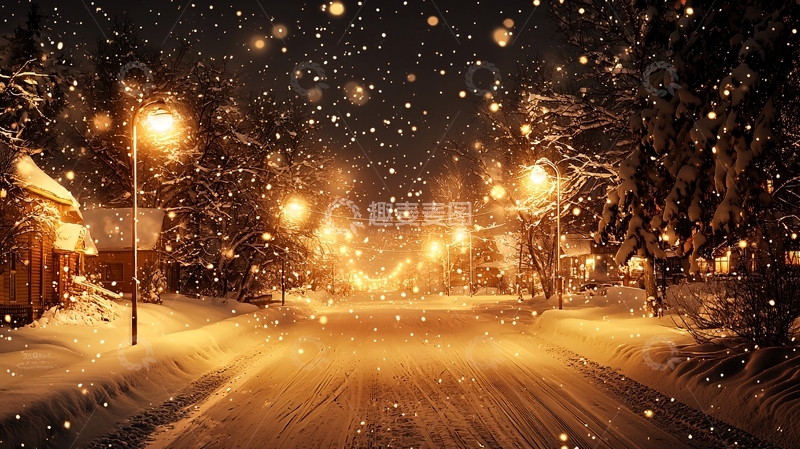 高清大图下载【趣麦麦图】雪夜小镇路灯温暖