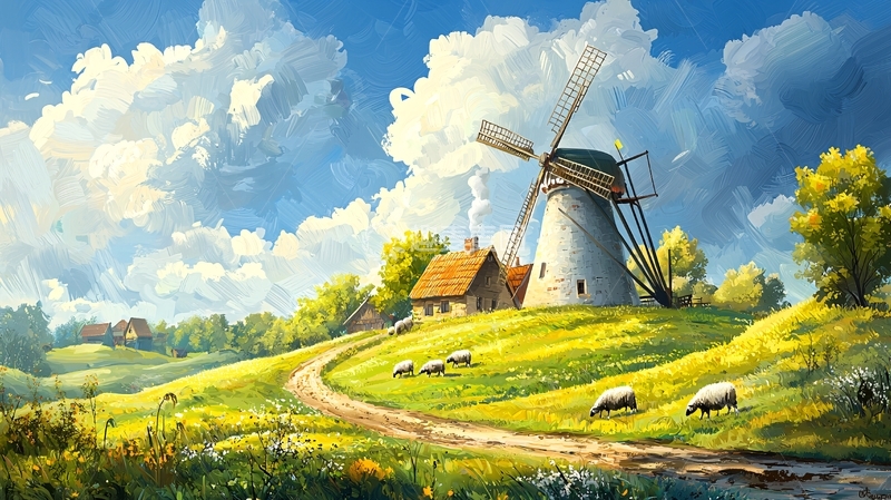 高清大图下载【趣麦麦图】风车田园风光绘画
