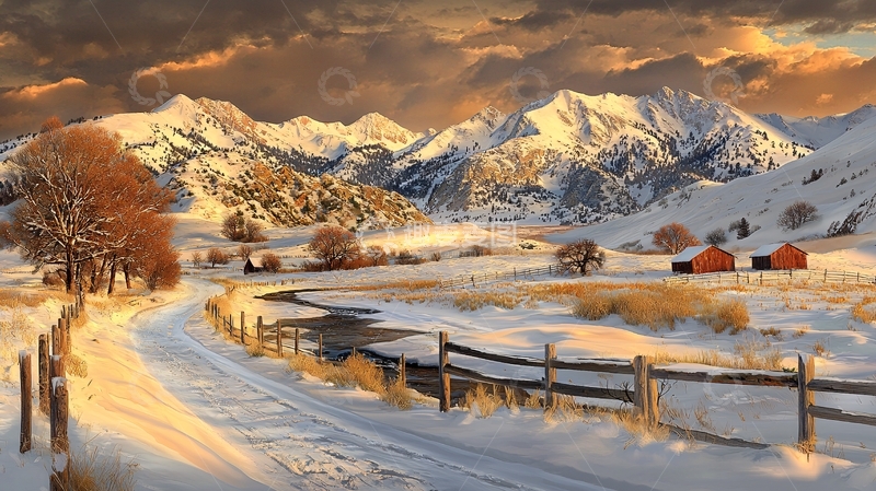 高清大图下载【趣麦麦图】冬日雪山村庄