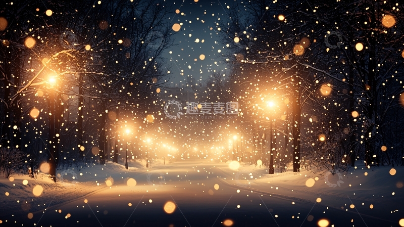 高清大图下载【趣麦麦图】雪夜灯光下的梦幻场景