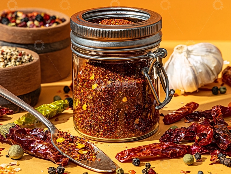 高清大图下载【趣麦麦图】辣椒碎在玻璃罐中