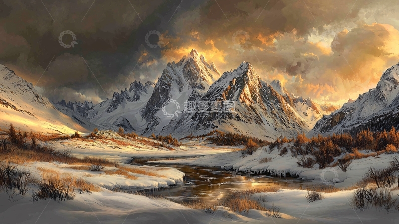 高清大图下载【趣麦麦图】雪山河流下的静谧景色