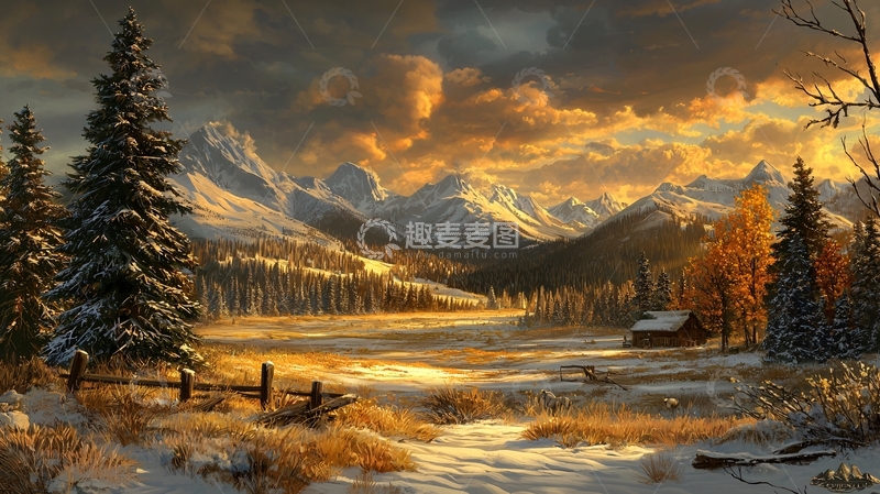 高清大图下载【趣麦麦图】雪山下的金色日落景色