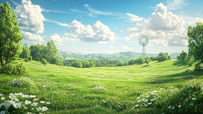 高清大图下载【趣麦麦图】翠绿草地蓝天白云的田园风光