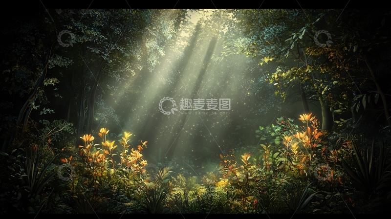 高清大图下载【趣麦麦图】阳光穿透森林的梦幻景象