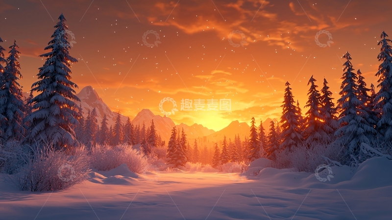 高清大图下载【趣麦麦图】冬日森林夕阳