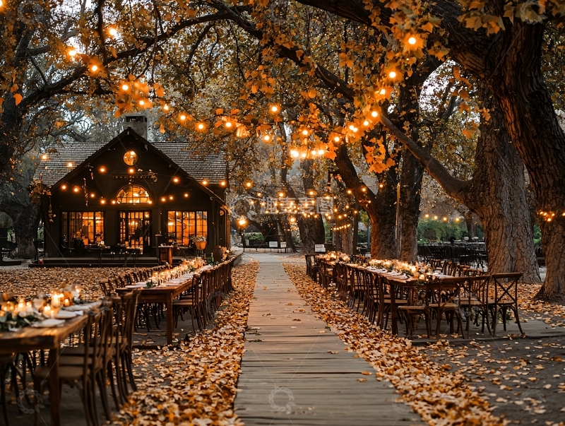 高清大图下载【趣麦麦图】秋季树木灯光下的节日聚会