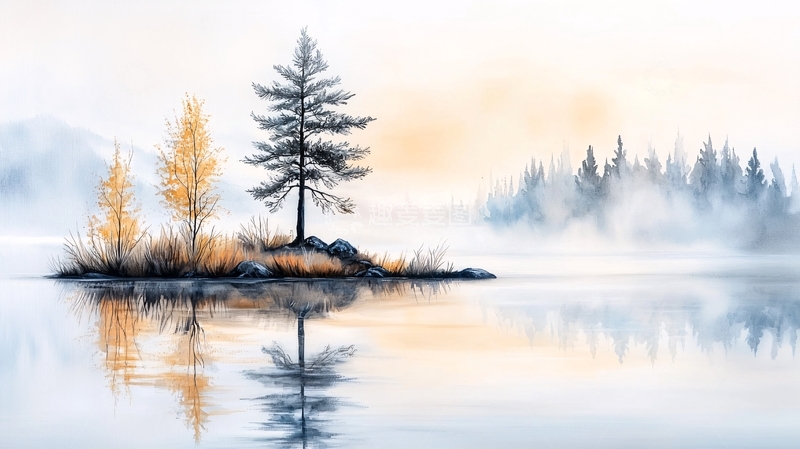 高清大图下载【趣麦麦图】湖中孤树倒影