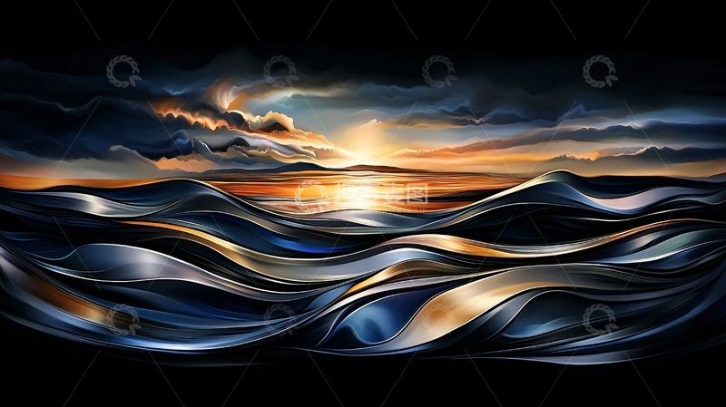 高清大图下载【趣麦麦图】波涛汹涌的海面日落