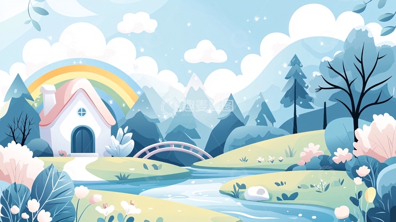 高清大图下载【趣麦麦图】卡通小屋彩虹河流自然景观