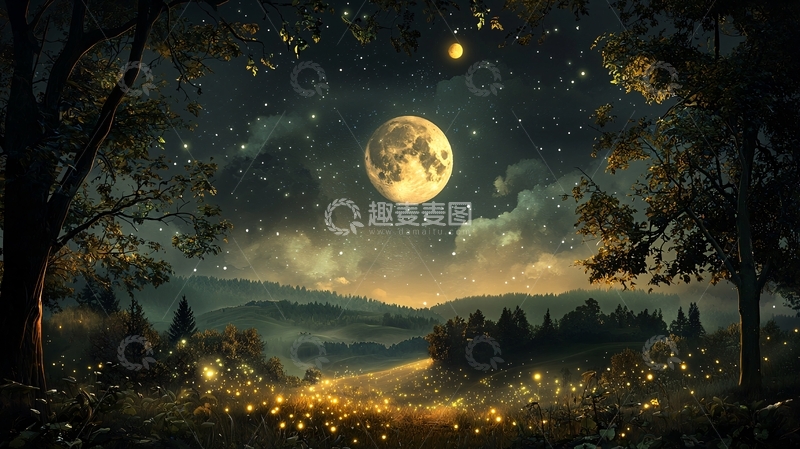 高清大图下载【趣麦麦图】-夜晚森林中的明亮月亮