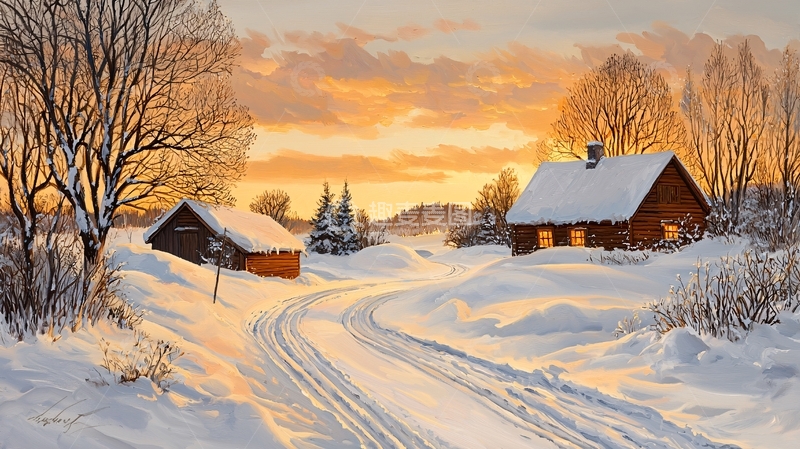 高清大图下载【趣麦麦图】雪后乡村的日落小屋