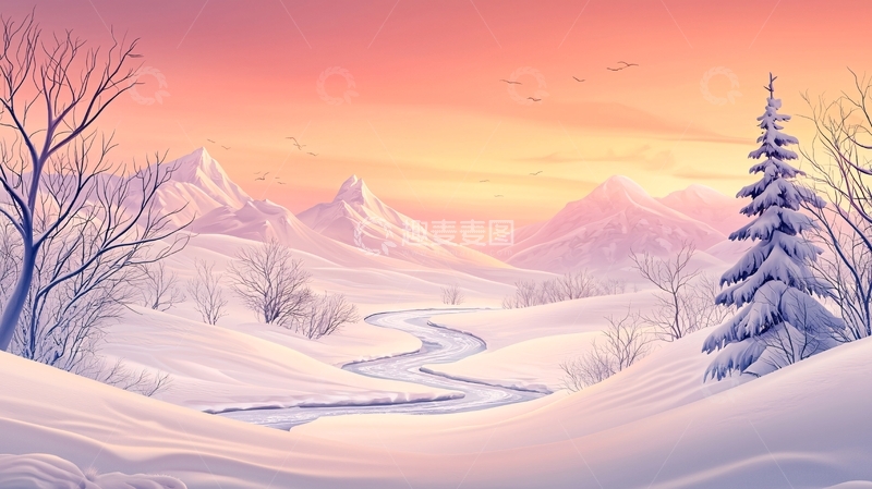 高清大图下载【趣麦麦图】雪山日落唯美冬景