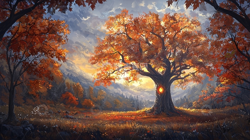 高清大图下载【趣麦麦图】秋日森林光晕油画感