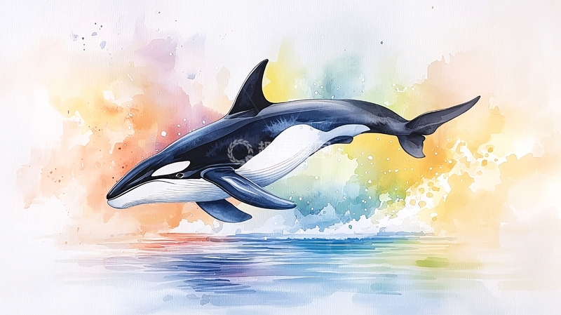 高清大图下载【趣麦麦图】水彩风跃出水面的虎鲸