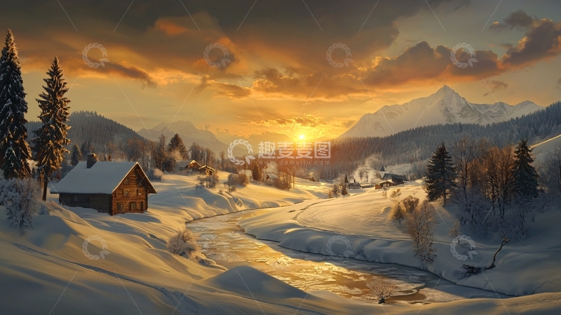 高清大图下载【趣麦麦图】雪山小屋日出美景