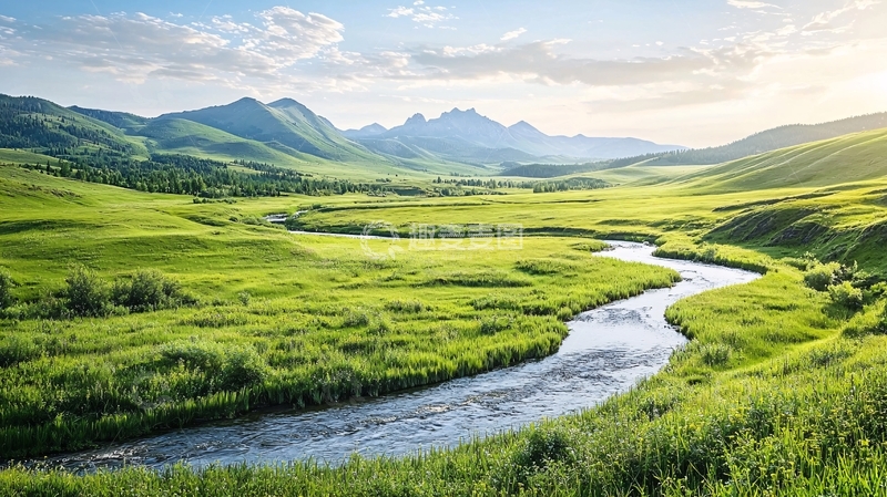 高清大图下载【趣麦麦图】绿草如茵的蜿蜒河流