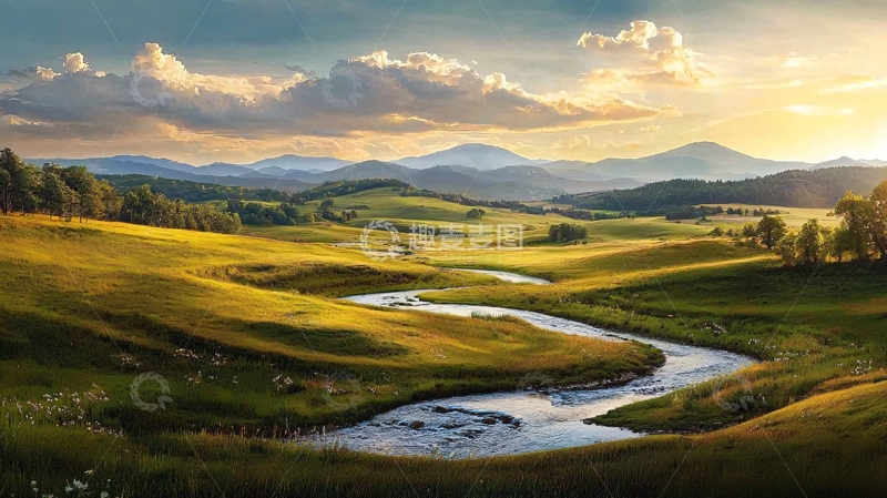 高清大图下载【趣麦麦图】绿色山丘河流夕阳
