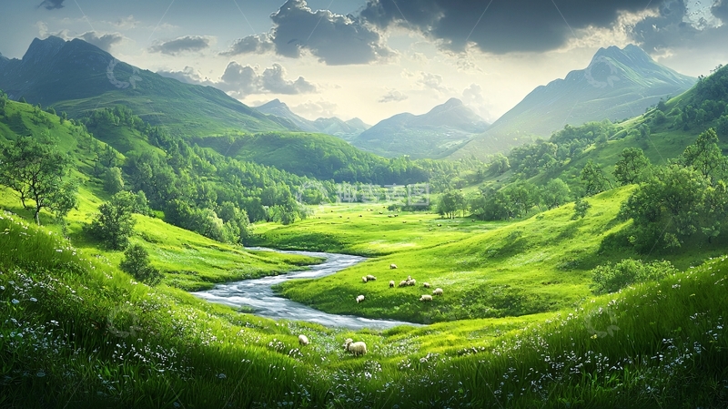 高清大图下载【趣麦麦图】绿色山谷中的河流