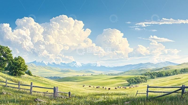 高清大图下载【趣麦麦图】绿色田野上的蓬松白云