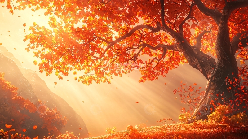 高清大图下载【趣麦麦图】秋日阳光下的红叶树