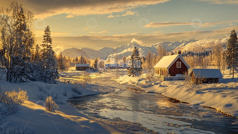 高清大图下载【趣麦麦图】雪山下的乡村小屋风景