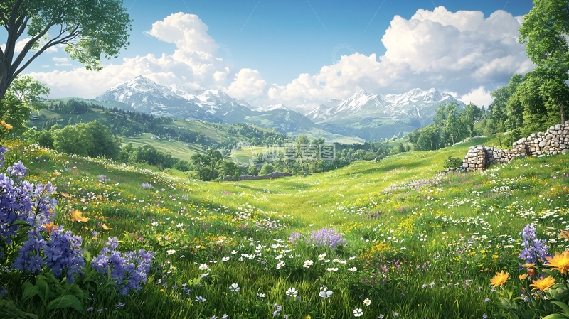 高清大图下载【趣麦麦图】翠绿草地山脉蓝天