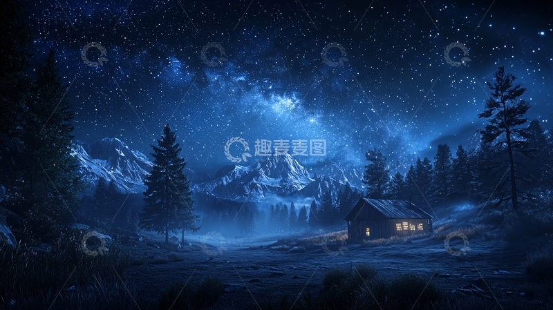 高清大图下载【趣麦麦图】星空下的森林小屋