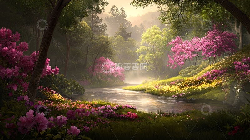 高清大图下载【趣麦麦图】花团锦簇的森林河流