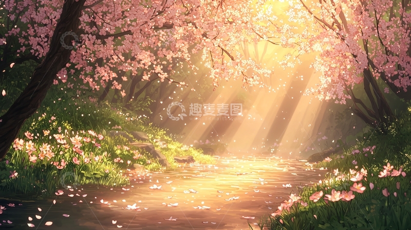 高清大图下载【趣麦麦图】阳光穿过樱花树的唯美场景