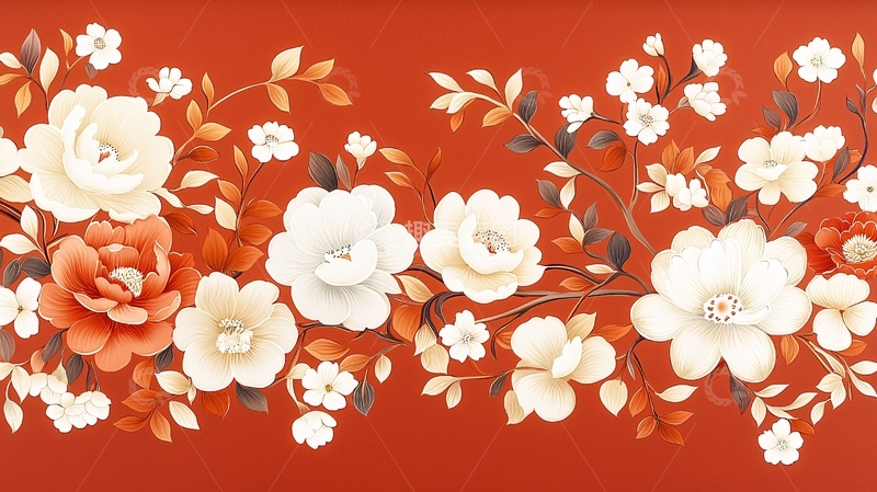 高清大图下载【趣麦麦图】红色背景下的花卉图案