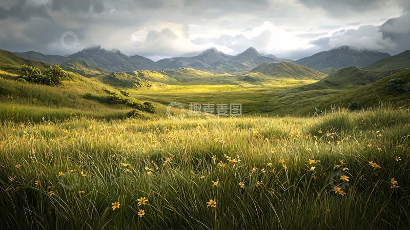 高清大图下载【趣麦麦图】阳光洒在山谷草地