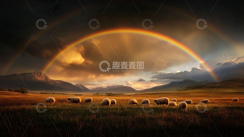 高清大图下载【趣麦麦图】草原上空的彩虹与牛群