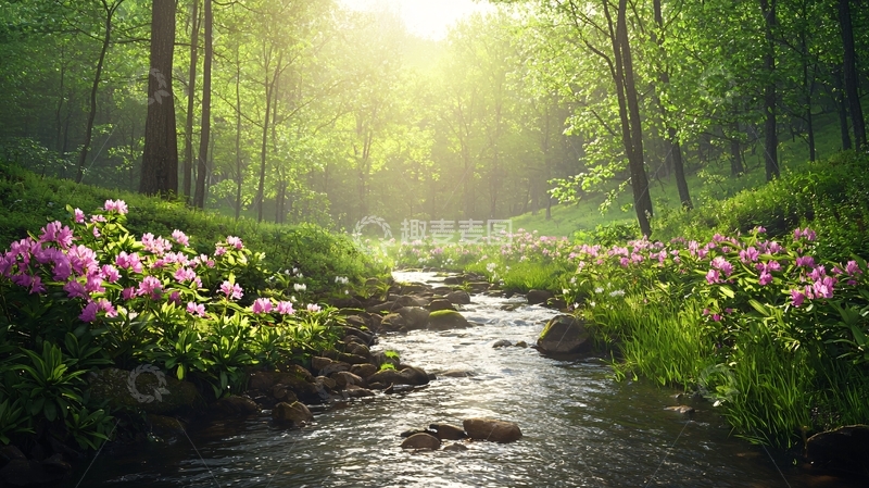 高清大图下载【趣麦麦图】阳光穿过树林的小溪