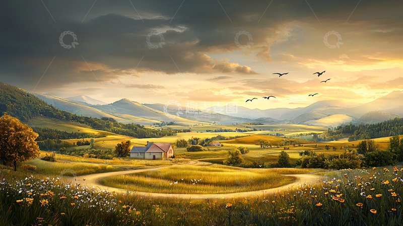 高清大图下载【趣麦麦图】金色阳光下的田园风光