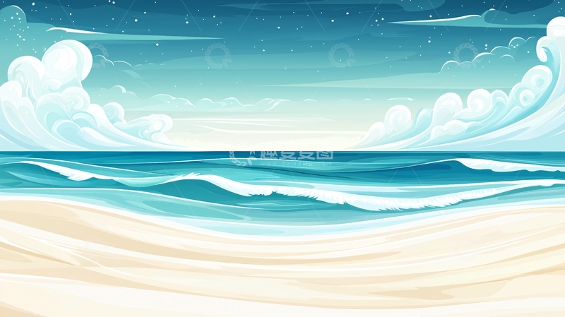 高清大图下载【趣麦麦图】海边沙滩风景卡通画