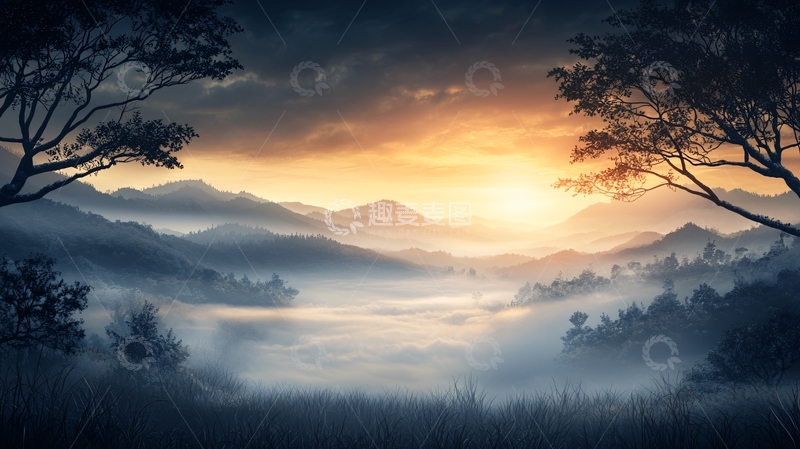 高清大图下载【趣麦麦图】山间云雾缭绕的日出美景