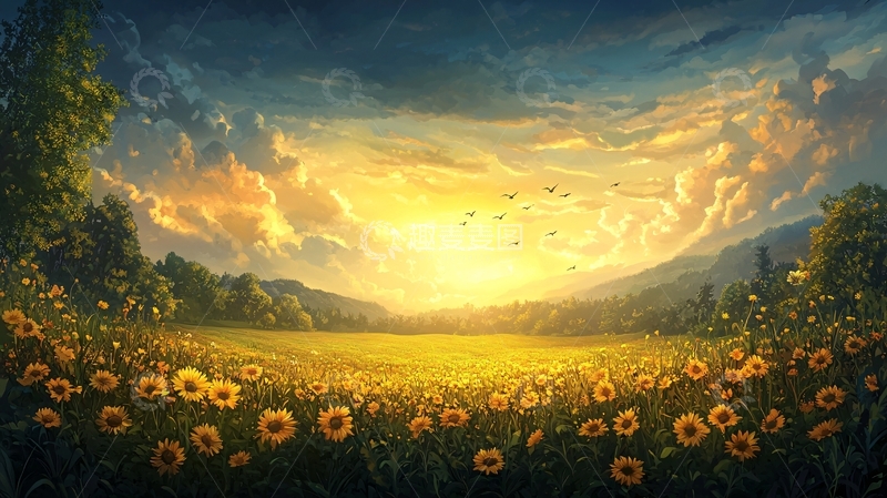 高清大图下载【趣麦麦图】金色田野的日落美景