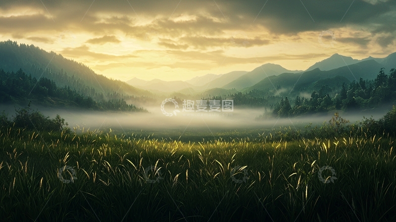 高清大图下载【趣麦麦图】晨曦中的山间草地
