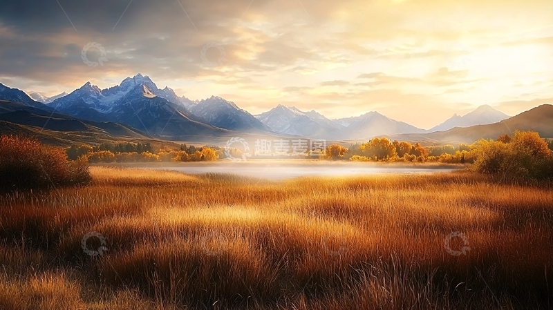 高清大图下载【趣麦麦图】秋日湖畔的金色山景