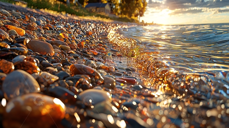 高清大图下载【趣麦麦图】海滩鹅卵石日落金色光辉