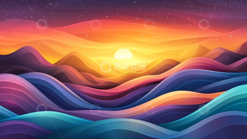高清大图下载【趣麦麦图】彩色波浪山脉日落