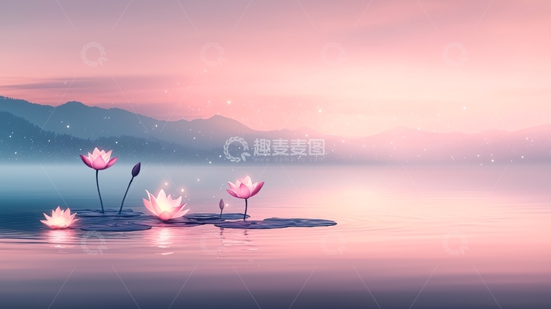 高清大图下载【趣麦麦图】粉色荷花湖面山景唯美意境
