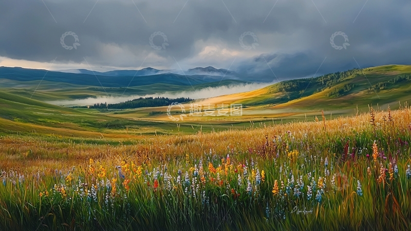 高清大图下载【趣麦麦图】绿色山丘的油画风景