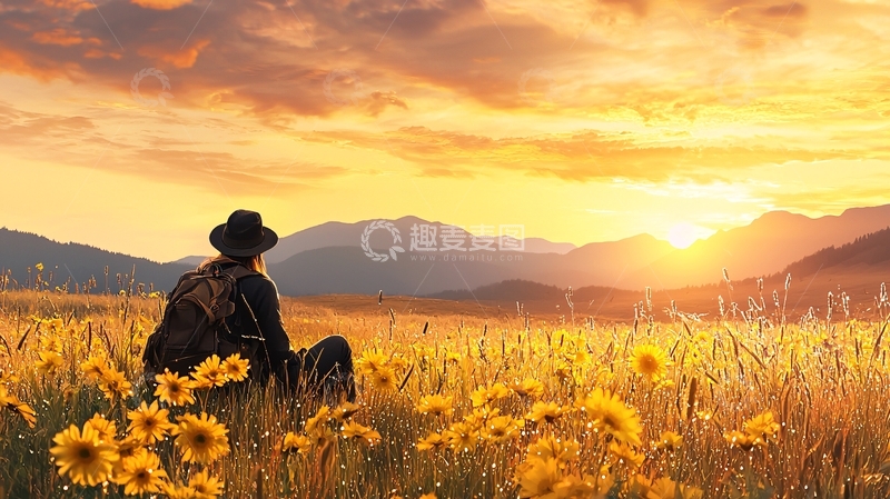 高清大图下载【趣麦麦图】田野日落下的孤独背影