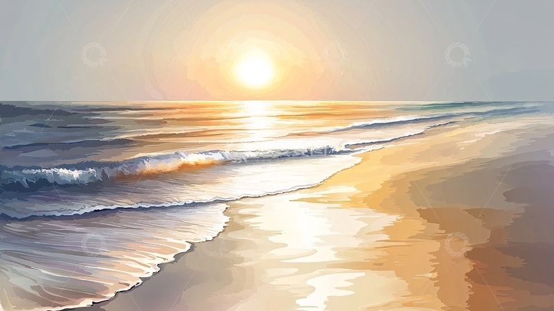 高清大图下载【趣麦麦图】海边日出水彩风格