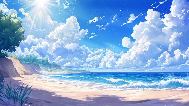 高清大图下载【趣麦麦图】海边蓝天白云阳光沙滩