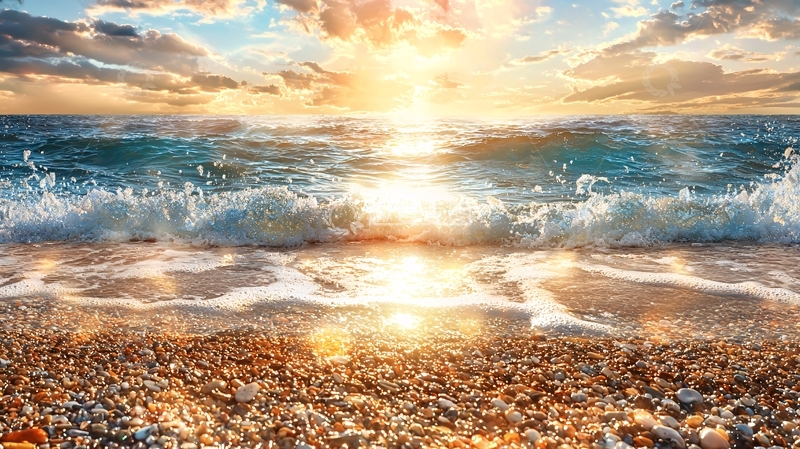 高清大图下载【趣麦麦图】海边日出金光洒在沙滩上