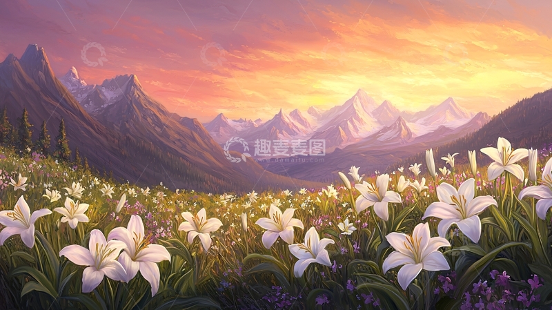 高清大图下载【趣麦麦图】百合花田夕阳山景