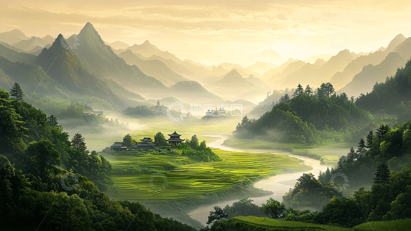 高清大图下载【趣麦麦图】山谷河流的雾气美景